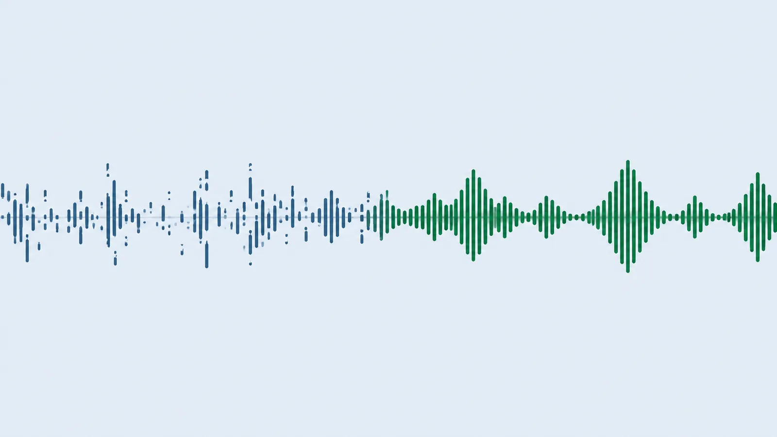 An audio waveform drawn as bars: scattered and uneven in blue on the left, resolving into clean, even green peaks on the right