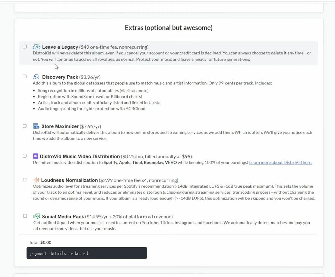 The DistroKid Extras window at the end of the upload flow, listing six optional paid add-ons with their prices