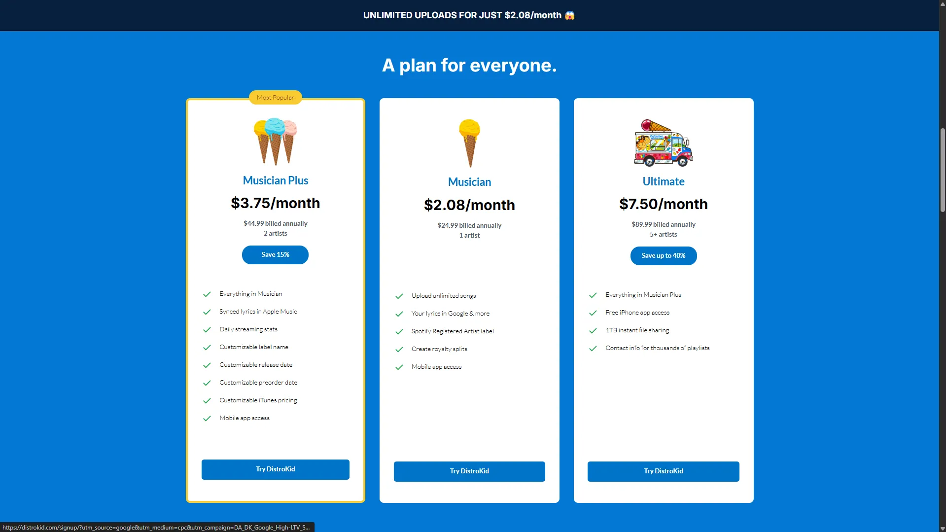 DistroKid pricing page: Musician Plus at $44.99 a year for 2 artists, Musician at $24.99 for 1 artist, and Ultimate at $89.99 for 5 or more artists, all billed annually