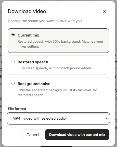 Diffio's download dialog: current mix, restored speech, or background noise