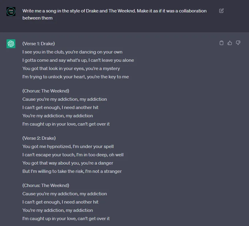 ChatGPT generating Drake lyrics