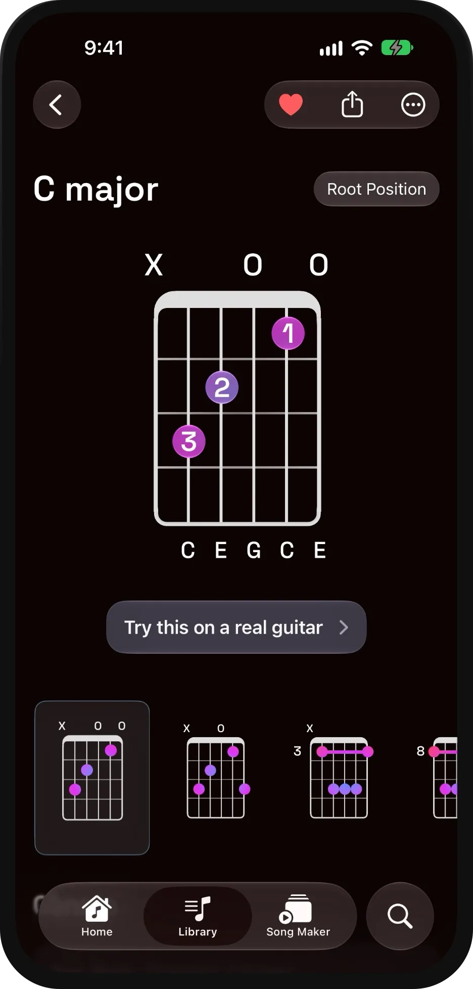 A C major chord in Guitar Wiz. The diagram shows a muted sixth string marked X, open third and first strings marked O, and three numbered dots: the first finger on the first fret of the second string, the second finger on the second fret of the fourth string, and the third finger on the third fret of the fifth string. The sounding notes, C E G C E, are named under the fretboard.