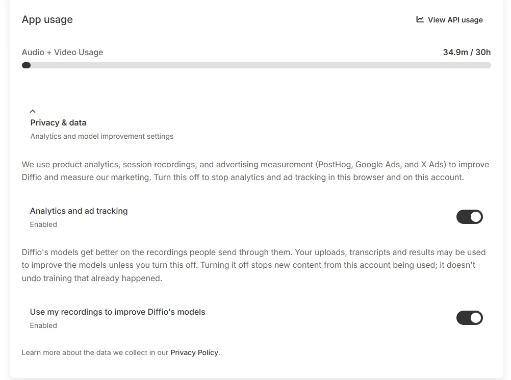 Diffio's privacy settings, with model improvement and ad tracking both enabled