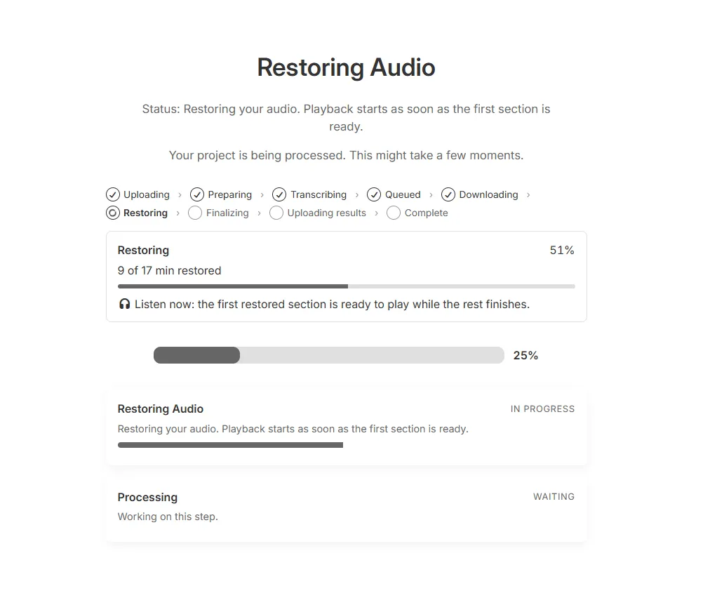 Diffio restoring audio, 9 of 17 minutes complete